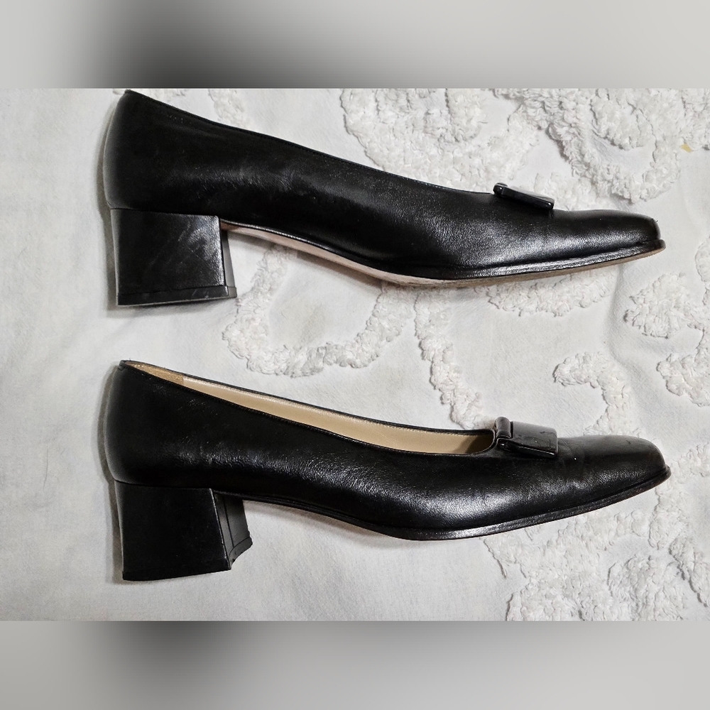 Vintage Salvatore Ferragamo Black Leather Square Toe Heels Pumps Size 9A - Picture 3 of 11
